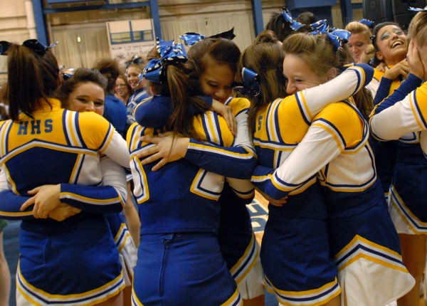 The Hermon Hawks celebrate after winning the 2011 Class B state cheerleading championship at the Bangor Auditorium on Saturday February 12, 2011. (Linda Coan O'Kresik/BDN) The Hermon Hawks celebrate after winning the 2011 Class B state cheerleading championship at the Bangor Auditorium on Saturday February 12, 2011. (Linda Coan O'Kresik/BDN)