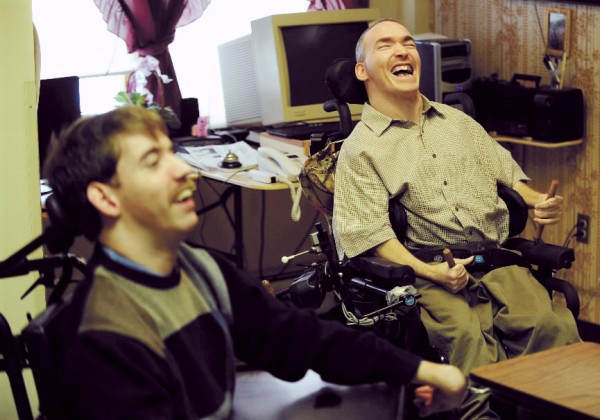 Eric Reeves (right) makes a joke during an interview at Penobscot Nursing Home on Saturday, Dec. 26, 2009. Reeves and a fellow nursing home resident, Jake Van Meter (left), are suing the state because their only living option is the nursing home. They both contend that living amid people who are at the end stage of life is depressing for them. Eric Reeves (right) makes a joke during an interview at Penobscot Nursing Home on Saturday, Dec. 26, 2009. Reeves and a fellow nursing home resident, Jake Van Meter (left), are suing the state because their only living option is the nursing home. They both contend that living amid people who are at the end stage of life is depressing for them.
