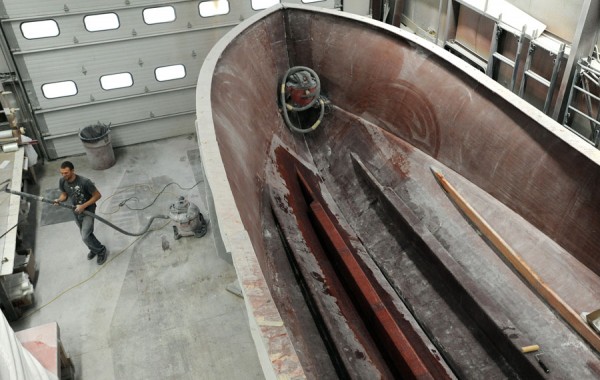 The fiberglass hull of the new College of the Atlantic research vessel Five Friends is nearly finished at the Wesmac facility in Surry. The 46-foot-long vessel will be able to carry 40 people so classes can be held on board and it was designed to better accommodate the college's research projects. The boat is expected to be complete in the early summer. The fiberglass hull of the new College of the Atlantic research vessel Five Friends is nearly finished at the Wesmac facility in Surry. The 46-foot-long vessel will be able to carry 40 people so classes can be held on board and it was designed to better accommodate the college's research projects. The boat is expected to be complete in the early summer.