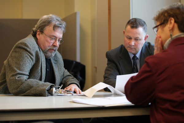 Paul Dumas Jr., left, speaks with Maine State Police Lt. David Bowler, center, and Rep. Sheryl Briggs, of Mexico, Tuesday, Feb. 1, 2011 in Augusta, Maine about a bill sponsored by Briggs to allow people with one arm to have switchblades. Maine law, along with federal law, prohibits possession of spring-loaded blades, but federal law allows for an exemption for a person with one arm. Paul Dumas Jr., left, speaks with Maine State Police Lt. David Bowler, center, and Rep. Sheryl Briggs, of Mexico, Tuesday, Feb. 1, 2011 in Augusta, Maine about a bill sponsored by Briggs to allow people with one arm to have switchblades. Maine law, along with federal law, prohibits possession of spring-loaded blades, but federal law allows for an exemption for a person with one arm.