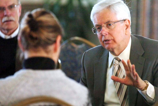 Paul W. Ferguson (right), one of four finalists in the University of Maine President search, shares a light moment as he meets with faculty members on Wednesday in the McIntire Room of the Buchanan Alumni House in Orono. Ferguson is currently Provost and Vice Chancellor for Academic Affairs at Southern Illinois University. Paul W. Ferguson (right), one of four finalists in the University of Maine President search, shares a light moment as he meets with faculty members on Wednesday in the McIntire Room of the Buchanan Alumni House in Orono. Ferguson is currently Provost and Vice Chancellor for Academic Affairs at Southern Illinois University.