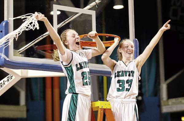 Sophomore Kristen Anderson (left) and senior sister Courtney Anderson of Leavitt of Turner Center celebrate after the Hornets' state Class B girls basketball victory Friday night. Leavitt defeated Nokomis of Newport 49-37 at the Cumberland County Civic Center in Portland. Sophomore Kristen Anderson (left) and senior sister Courtney Anderson of Leavitt of Turner Center celebrate after the Hornets' state Class B girls basketball victory Friday night. Leavitt defeated Nokomis of Newport 49-37 at the Cumberland County Civic Center in Portland.