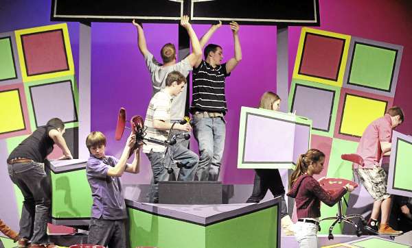 The Rockland District High School tech crew practices striking the set during the rehursal of the school's production of the Sideways Stories From Wayside School. They are among the schools that compete in the annual Maine Drama Festival. The Rockland District High School tech crew practices striking the set during the rehursal of the school's production of the Sideways Stories From Wayside School. They are among the schools that compete in the annual Maine Drama Festival.