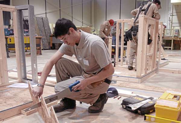 Johnathon Smith, a student at Eastern Maine Community College, competes in the construction competition during the SkillsUSA Maine Championships at United Technologies Center in Bangor on Friday, March 11, 2011. The annual event is a state-level competition for high school and college students enrolled in trade, technical, and skilled service instructional programs. Johnathon Smith, a student at Eastern Maine Community College, competes in the construction competition during the SkillsUSA Maine Championships at United Technologies Center in Bangor on Friday, March 11, 2011. The annual event is a state-level competition for high school and college students enrolled in trade, technical, and skilled service instructional programs.