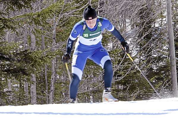 Fort Kent's Grace Boutot is in the zone as she powers up a hill on the course at the 10th Mountain Ski center. Boutot is taking a break from biathlon competition. Fort Kent's Grace Boutot is in the zone as she powers up a hill on the course at the 10th Mountain Ski center. Boutot is taking a break from biathlon competition.