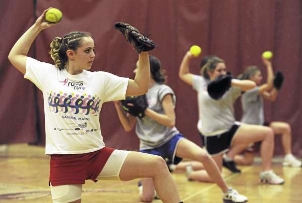 Courtney Lizotte of Bangor High School participates in a drill as pitchers and catchers work out at Red Barry Gym Monday afternoon. Monday marked the first day of preseason tryouts for high school pitchers and catchers.
Courtney Lizotte of Bangor High School participates in a drill as pitchers and catchers work out at Red Barry Gym Monday afternoon. Monday marked the first day of preseason tryouts for high school pitchers and catchers.