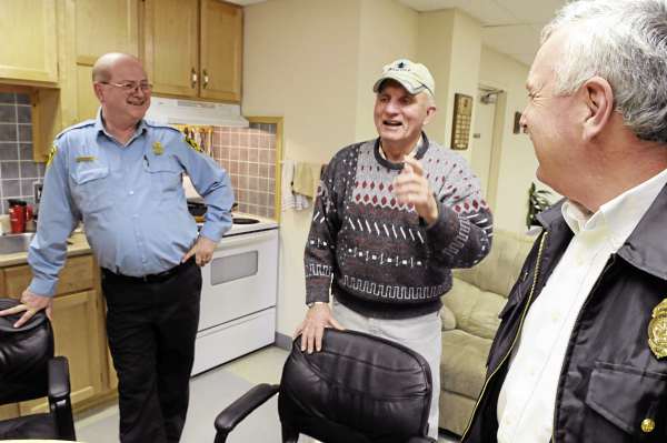 St. Stephen, N.B. Fire Chief Jeff Richardson (left) and Calais Fire/E.M.S. Chief Dan Carlow, right, catch up with friend and retired St. Stephen firefighter Harvard Scott, center, at the St. Stephen F.D. headquarters, Tuesday, March 23, 2010. St. Stephen, N.B. Fire Chief Jeff Richardson (left) and Calais Fire/E.M.S. Chief Dan Carlow, right, catch up with friend and retired St. Stephen firefighter Harvard Scott, center, at the St. Stephen F.D. headquarters, Tuesday, March 23, 2010.