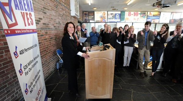 Julia Munsey (left) the chairwoman of the board of directors of the Bangor Region Chamber of Commerce speaks during the kick-off event of the Arena Yes campain at the Bangor Auditorium on Thursday.
Julia Munsey (left) the chairwoman of the board of directors of the Bangor Region Chamber of Commerce speaks during the kick-off event of the Arena Yes campain at the Bangor Auditorium on Thursday.