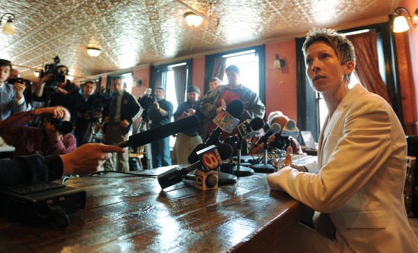 Former UMaine Women's basketball Coach Cindy Blodgett takes questions from a packed room of journalists at Paddy Murphy's bar in downtown Bangor on Thursday, March 31, 2011. Former UMaine Women's basketball Coach Cindy Blodgett takes questions from a packed room of journalists at Paddy Murphy's bar in downtown Bangor on Thursday, March 31, 2011.