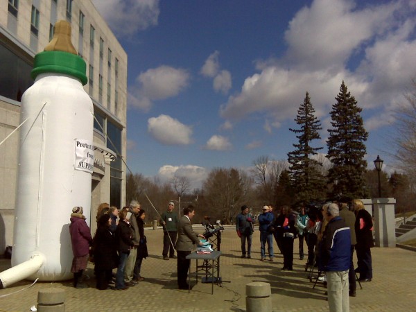 About a dozen people employed a 20-foot-tall inflatable baby bottle as a backdrop on Friday, March 25, 2011, as they held a press conference outside of the State House to urge lawmakers to ban the chemical bisphenol-A, or BPA, in reusable beverage containers. A legislative committee is holding a public hearing on the proposed ban on Friday afternoon. About a dozen people employed a 20-foot-tall inflatable baby bottle as a backdrop on Friday, March 25, 2011, as they held a press conference outside of the State House to urge lawmakers to ban the chemical bisphenol-A, or BPA, in reusable beverage containers. A legislative committee is holding a public hearing on the proposed ban on Friday afternoon.