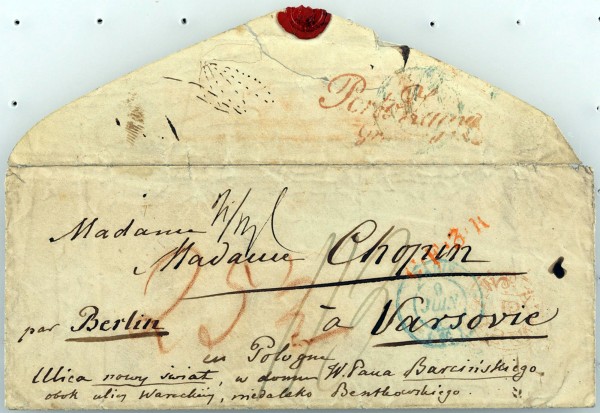 The envelope of a letter written by Polish composer and pianist Frederic Chopin to his parents and sisters in Warsaw in 1847 is seen on display at the Frederic Chopin Museum in Warsaw, Poland. A collection of letters written by Chopin considered lost in 1939 have been found and donated to Warsaw's Chopin museum. Address reads in French and Polish: Mrs. Chopin through Berlin to Warsaw in Poland. The envelope of a letter written by Polish composer and pianist Frederic Chopin to his parents and sisters in Warsaw in 1847 is seen on display at the Frederic Chopin Museum in Warsaw, Poland. A collection of letters written by Chopin considered lost in 1939 have been found and donated to Warsaw's Chopin museum. Address reads in French and Polish: Mrs. Chopin through Berlin to Warsaw in Poland.