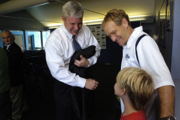 Steve Abbott introduces himself to Zach Whitehead, 9, as his father and UMaine head hockey coach Tim Whitehead looks on when Abbott was named the school's interim AD in August. Abbott accepted a two-year appointment as UMaine's new AD on Monday. Steve Abbott introduces himself to Zach Whitehead, 9, as his father and UMaine head hockey coach Tim Whitehead looks on when Abbott was named the school's interim AD in August. Abbott accepted a two-year appointment as UMaine's new AD on Monday.