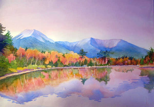 "October Sunrise" from Katahdin Lake watercolor by Evelyn Dunphy, 22 x 30". "October Sunrise" from Katahdin Lake watercolor by Evelyn Dunphy, 22 x 30".