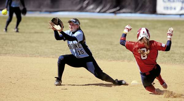 The University of Maine's Jennifer Eberhardt waits for the ball as Stony Brook's Suzanne Karath slides in safely at second base during the third inning in Orono Sunday. Stony Brook won 9-5. The University of Maine's Jennifer Eberhardt waits for the ball as Stony Brook's Suzanne Karath slides in safely at second base during the third inning in Orono Sunday. Stony Brook won 9-5.