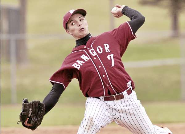 Bangor High School lefthander Joe Stanevicz delivers a pitch during the third inning of Thursday's Class A baseball game against Lawrence of Fairfield at Mansfield Stadium in Bangor. Stanevicz struck out eight batters and allowed just two hits in 3 2/3 innings of work. The host Rams won 19-7 in 4 1/2 innings.
Bangor High School lefthander Joe Stanevicz delivers a pitch during the third inning of Thursday's Class A baseball game against Lawrence of Fairfield at Mansfield Stadium in Bangor. Stanevicz struck out eight batters and allowed just two hits in 3 2/3 innings of work. The host Rams won 19-7 in 4 1/2 innings.