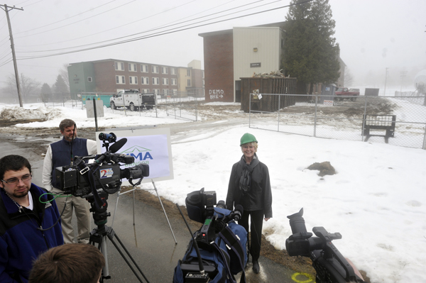 UMA President Allyson Handle spoke to the media Tuesday in front of the soon-to-be-razed Augusta Hall on the campus of the newly-named University of Maine at Augusta Bangor campus. Last month University College of Bangor officially changed its name to UMA Bangor. The Augusta Hall demolition will make way for a new outdoor meeting place on campus. UMA President Allyson Handle spoke to the media Tuesday in front of the soon-to-be-razed Augusta Hall on the campus of the newly-named University of Maine at Augusta Bangor campus. Last month University College of Bangor officially changed its name to UMA Bangor. The Augusta Hall demolition will make way for a new outdoor meeting place on campus.
