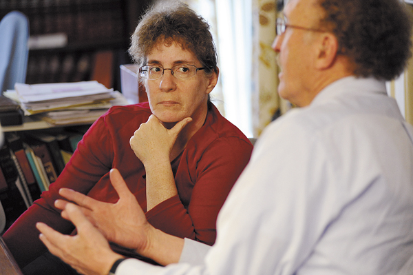 Cindy Dunton (left), and her attorney Dale Thistle talked with the Bangor Daily News at Thistle's law office in Newport Tuesday afternoon. Cindy Dunton (left), and her attorney Dale Thistle talked with the Bangor Daily News at Thistle's law office in Newport Tuesday afternoon.
