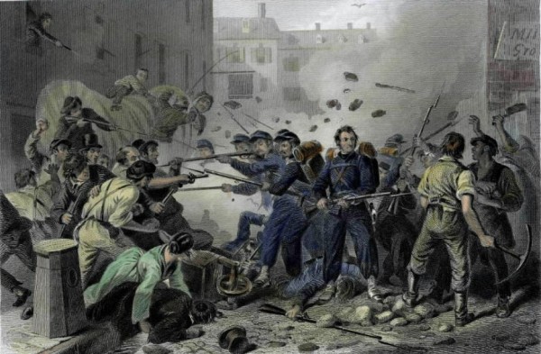 Massachusetts soldiers and a pro-Confederacy mob battled on Baltimore streets on April 19, 1861. Massachusetts soldiers and a pro-Confederacy mob battled on Baltimore streets on April 19, 1861.