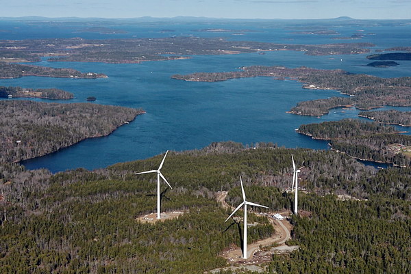 The three wind turbines of Fox Islands Wind Project on Vinalhaven are seen in an aerial photo looking to the northwest. The three wind turbines of Fox Islands Wind Project on Vinalhaven are seen in an aerial photo looking to the northwest.
