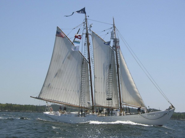 The schooner Bowdoin heads down the Bagaduce River and out of Castine Harbor Thursday at the start of a two-month training cruise that will take the boat, 11 students and five crew members above the Arctic Circle. The schooner Bowdoin heads down the Bagaduce River and out of Castine Harbor Thursday at the start of a two-month training cruise that will take the boat, 11 students and five crew members above the Arctic Circle.