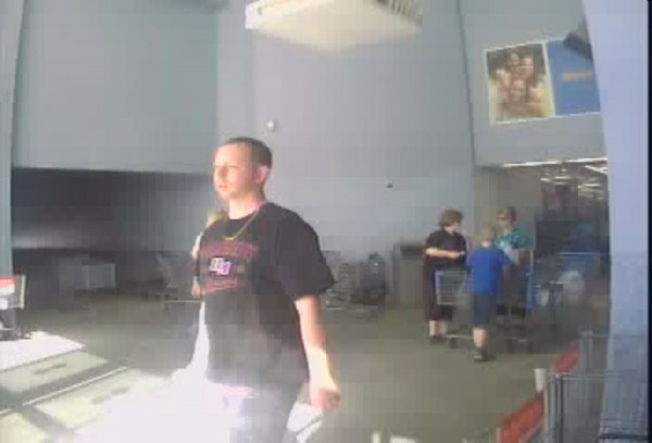 Police are looking for help in identifying a man they say broke into two vehicles during the Bangor High School graduation at the Bangor Auditorium last week, as well as a woman who was with him when he used a stolen credit card at Walmart. Video surveillance images released by police show a white man walking out of the Walmart Supercenter in Brewer. The man has short brown hair and light facial hair and is wearing a black T-shirt with red and white printing on it and what appears to be a gold necklace. Police are looking for help in identifying a man they say broke into two vehicles during the Bangor High School graduation at the Bangor Auditorium last week, as well as a woman who was with him when he used a stolen credit card at Walmart. Video surveillance images released by police show a white man walking out of the Walmart Supercenter in Brewer. The man has short brown hair and light facial hair and is wearing a black T-shirt with red and white printing on it and what appears to be a gold necklace.