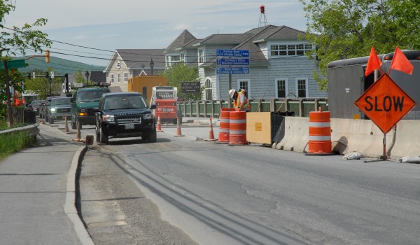 Traffic across the Fish River Bridge in Fort Kent is reduced to one lane as Maine DOT crews work to complete a re-decking of the structure's concrete surface. Traffic across the Fish River Bridge in Fort Kent is reduced to one lane as Maine DOT crews work to complete a re-decking of the structure's concrete surface.