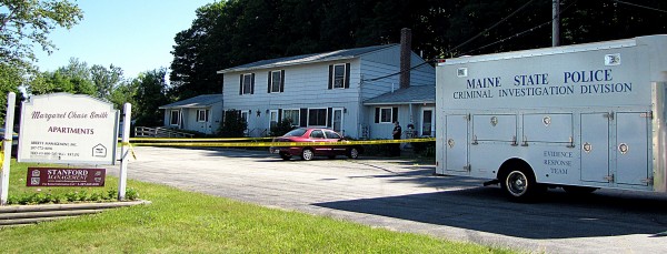 Farmington Police Officer Wayne Drake stands outside the Margaret Chase Smith apartment Tuesday morning. Farmington Police Officer Wayne Drake stands outside the Margaret Chase Smith apartment Tuesday morning.