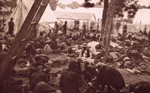 Union soldiers wounded during the July 29, 1862, Battle of Savage’s Station in Virginia lie outside a field hospital near the battlefield. Sarah Sampson was volunteering as a nurse at such a field hospital — perhaps even this one — when a Confederate attack overran the facility and forced her to flee to avoid capture. Union soldiers wounded during the July 29, 1862, Battle of Savage’s Station in Virginia lie outside a field hospital near the battlefield. Sarah Sampson was volunteering as a nurse at such a field hospital — perhaps even this one — when a Confederate attack overran the facility and forced her to flee to avoid capture.