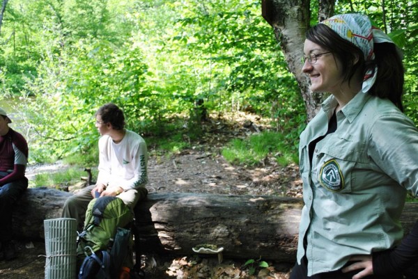 Krisdin Diehl, a ridgerunner with the Maine Appalachian Trail Club, shares a laugh with unidentified hikers on the Appalachian Trail. The hikers had just forded the West Branch of the Pleasant River a few miles from Gulf Hagas, a highly visited area. Krisdin Diehl, a ridgerunner with the Maine Appalachian Trail Club, shares a laugh with unidentified hikers on the Appalachian Trail. The hikers had just forded the West Branch of the Pleasant River a few miles from Gulf Hagas, a highly visited area.