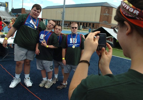 Special Olympics athletes from Oxford Hills Comprehensive High School Zachary Schoonmaker (from left), Daniel Twitchel, Ryan Schwartz and Peter Hill pose for photos after receiving medals for their participation in the 4x100 relay on Friday, June 10, 2011, at the Harold Alfond Sports Stadium at the University of Maine in Orono. The 2011 Special Olympics Maine Summer Games continue in Orono through Sunday. Special Olympics athletes from Oxford Hills Comprehensive High School Zachary Schoonmaker (from left), Daniel Twitchel, Ryan Schwartz and Peter Hill pose for photos after receiving medals for their participation in the 4x100 relay on Friday, June 10, 2011, at the Harold Alfond Sports Stadium at the University of Maine in Orono. The 2011 Special Olympics Maine Summer Games continue in Orono through Sunday.