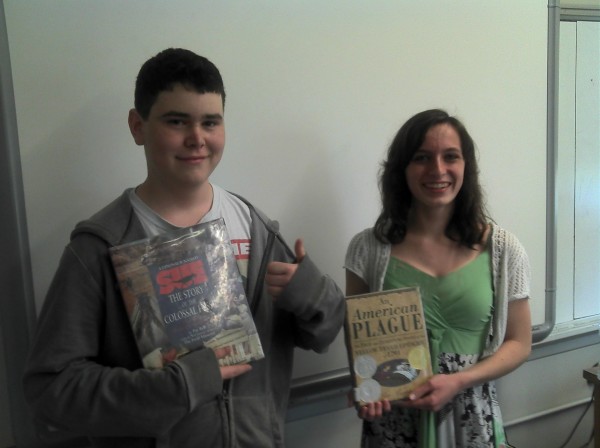 Abigail McCarty (right) earned first place, and P.J. Leclair earned third place in the Cornerstones of Science Read Write & Win contest for grade eight. Both are students at James F. Doughty School in Bangor. Abigail McCarty (right) earned first place, and P.J. Leclair earned third place in the Cornerstones of Science Read Write & Win contest for grade eight. Both are students at James F. Doughty School in Bangor.