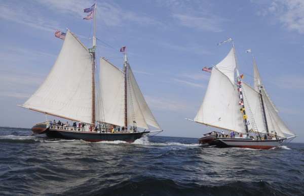 During much of their race between Camden and Rockland on Friday, the Stephen Taber (left) and The Lewis R. French (right) took different tacks, at times miles apart. The Stephen Taber crossed the Rockland Braeakwater finish line first and eventually the two 140-year-old wooden schooners pulled alongside each other when this photo was taken. During much of their race between Camden and Rockland on Friday, the Stephen Taber (left) and The Lewis R. French (right) took different tacks, at times miles apart. The Stephen Taber crossed the Rockland Braeakwater finish line first and eventually the two 140-year-old wooden schooners pulled alongside each other when this photo was taken.