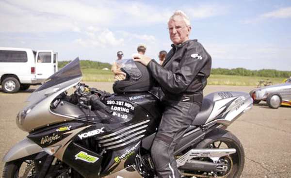 Dave Sleeper of Bangor on his Kawasaki Ninja at the age of 74 turned speeds just under 190 miles per hour at the Loring Timing Association’s Land Speed races. Dave Sleeper of Bangor on his Kawasaki Ninja at the age of 74 turned speeds just under 190 miles per hour at the Loring Timing Association’s Land Speed races.