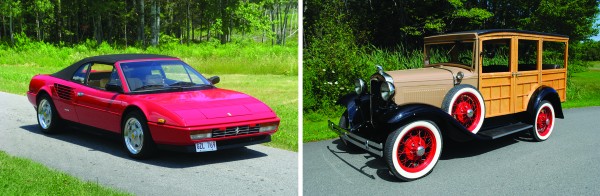 Everything from Fords to Ferraris — such this 1987 Ferrari Mondial (left) and 1930 Ford A Woodie Wagon—will up for sale at the 34th annual New England Auto Auction, August 20 at the Owls Head Transportation Museum. Everything from Fords to Ferraris — such this 1987 Ferrari Mondial (left) and 1930 Ford A Woodie Wagon—will up for sale at the 34th annual New England Auto Auction, August 20 at the Owls Head Transportation Museum.