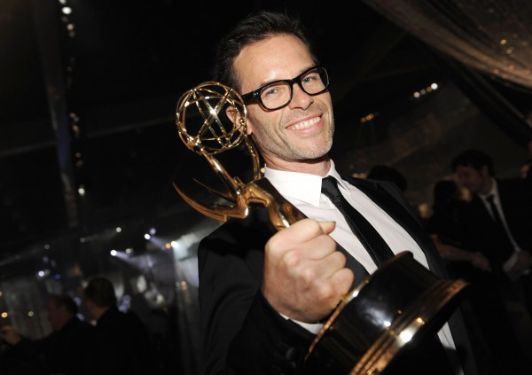 Guy Pearce arrives with his award award for outstanding supporting actor in a miniseries or a movie for Mildred Pierce at the 63rd Primetime Emmy Awards Governors Ball on Sunday, Sept. 18, 2011 in Los Angeles. Guy Pearce arrives with his award award for outstanding supporting actor in a miniseries or a movie for Mildred Pierce at the 63rd Primetime Emmy Awards Governors Ball on Sunday, Sept. 18, 2011 in Los Angeles.