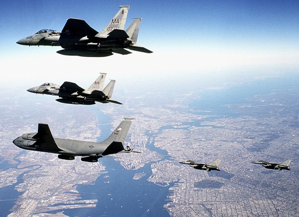 One of Maine's 101st Air Refueling Wing KC-135 Stratotankers (lower left) flies with other military craft it refueled above Manhattan shortly after the terrorist attacks of Sept. 11, 2001. One of Maine's 101st Air Refueling Wing KC-135 Stratotankers (lower left) flies with other military craft it refueled above Manhattan shortly after the terrorist attacks of Sept. 11, 2001.