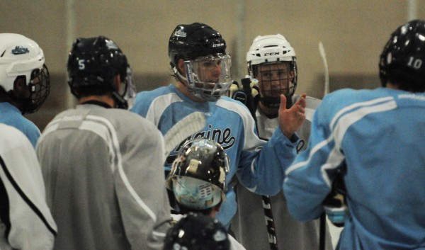 University of Maine hockey captain Will O'Neill addresses his teammates while running practice at the Penobscot Ice Arena in Brewer. Maine's on-ice practices were in Brewer three days a week until they returned to the renovated Alfond Arena on Monday. University of Maine hockey captain Will O'Neill addresses his teammates while running practice at the Penobscot Ice Arena in Brewer. Maine's on-ice practices were in Brewer three days a week until they returned to the renovated Alfond Arena on Monday.