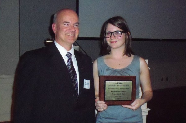 Bangor Daily News Editor-in-Chief Michael J. Dowd (left) presents BDN reporter Heather Steeves the Maine Press Association's Bob Drake Young Writer Award at the MPA's annual banquet in Northport on Saturday, Oct. 15, 2011. Bangor Daily News Editor-in-Chief Michael J. Dowd (left) presents BDN reporter Heather Steeves the Maine Press Association's Bob Drake Young Writer Award at the MPA's annual banquet in Northport on Saturday, Oct. 15, 2011.