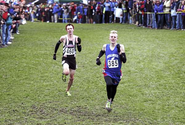 Harlow Ladd (right), of Messalonskee High School leads Nick Morris, of Scarborough High School as they run Saturday, Oct. 29, 2011 during the Class A State Cross Country Championships at Twin Brooks Recreation Area in Cumberland, Maine. Morris came back to beat Ladd by .02 seconds with a time of 16:46.81. Harlow Ladd (right), of Messalonskee High School leads Nick Morris, of Scarborough High School as they run Saturday, Oct. 29, 2011 during the Class A State Cross Country Championships at Twin Brooks Recreation Area in Cumberland, Maine. Morris came back to beat Ladd by .02 seconds with a time of 16:46.81.
