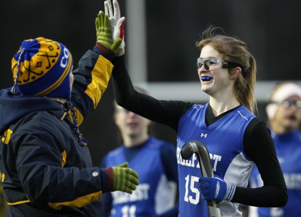 Belfast's Brooklyn Curry (15) is congratulated after scoring the game-winning goal in her team's field hockey state championship victory over York in Yarmouth on Saturday, Oct. 29, 2011. Belfast's Brooklyn Curry (15) is congratulated after scoring the game-winning goal in her team's field hockey state championship victory over York in Yarmouth on Saturday, Oct. 29, 2011.
