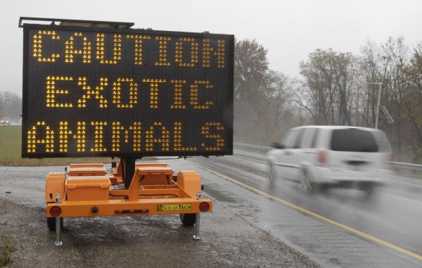 A sign warning motorists that exotic animals are on the loose rests on I-70 Wednesday, Oct. 19, 2011, near Zanesville, Ohio. Police with assault rifles stalked the animals after authorities said their owner apparently freed dozens of wild animals and then killed himself. A sign warning motorists that exotic animals are on the loose rests on I-70 Wednesday, Oct. 19, 2011, near Zanesville, Ohio. Police with assault rifles stalked the animals after authorities said their owner apparently freed dozens of wild animals and then killed himself.