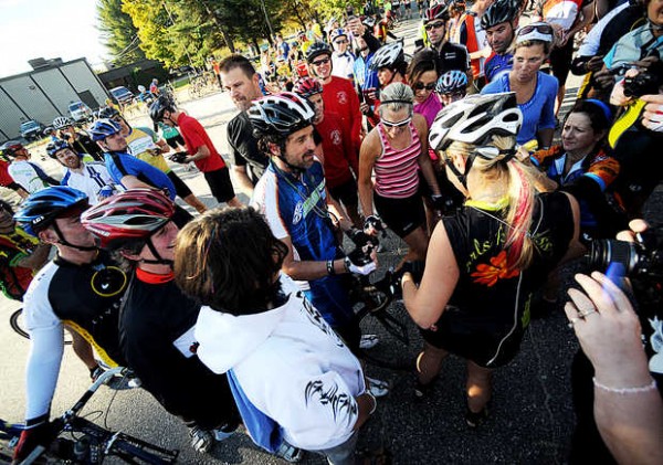 Patrick Dempsey is swarmed by fans at the first rest stop on the 50-mile route of the Dempsey Challenge on Sunday. Dempsey signed jerseys and bib numbers and took countless photos with people along the way. Patrick Dempsey is swarmed by fans at the first rest stop on the 50-mile route of the Dempsey Challenge on Sunday. Dempsey signed jerseys and bib numbers and took countless photos with people along the way.