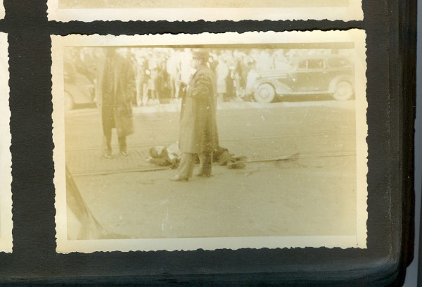 Two FBI agents stand over the body of Clarence Lee Shaffer Jr. on Central Street in this rare photo taken by the late amateur photographer Rod Speirs. On the morning of Oct 12, 1937, Speirs was driving to his office at the Katahdin Council of the Boy Scouts of America at 25 Broad St. when he heard machine gun fire on Central Street. He ran to the scene and took some of the earliest photos of Shaffer, whose legs were still curled around him, and fellow gangster Al Brady moments after they were shot by FBI agents. Although he claimed to have sold some of the photos to The Associated Press and Bangor Daily News, they have not been seen in years. In a letter written to his parents in his native England, Speirs wrote, “…This is the first real gang war that I have seen and it had to take place in the little woop woop town of Bangor. …” Two FBI agents stand over the body of Clarence Lee Shaffer Jr. on Central Street in this rare photo taken by the late amateur photographer Rod Speirs. On the morning of Oct 12, 1937, Speirs was driving to his office at the Katahdin Council of the Boy Scouts of America at 25 Broad St. when he heard machine gun fire on Central Street. He ran to the scene and took some of the earliest photos of Shaffer, whose legs were still curled around him, and fellow gangster Al Brady moments after they were shot by FBI agents. Although he claimed to have sold some of the photos to The Associated Press and Bangor Daily News, they have not been seen in years. In a letter written to his parents in his native England, Speirs wrote, “…This is the first real gang war that I have seen and it had to take place in the little woop woop town of Bangor. …”