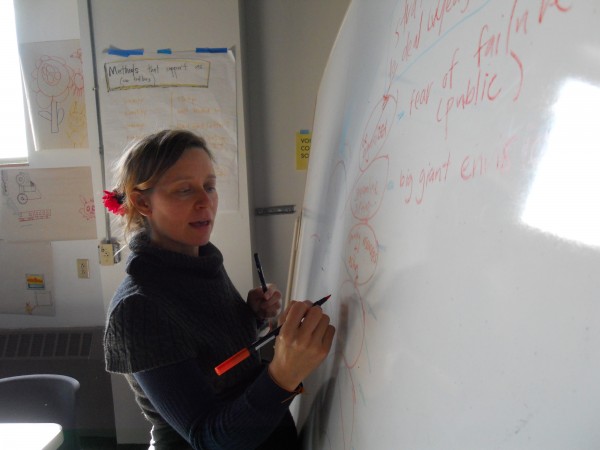 Christina Bechstein, Maine College of Art director of public engagement, writes discussion points on a dry erase board Friday during a class discussion. Bechstein is leading a student project focused on public artwork during the Portland mayoral race. Christina Bechstein, Maine College of Art director of public engagement, writes discussion points on a dry erase board Friday during a class discussion. Bechstein is leading a student project focused on public artwork during the Portland mayoral race.