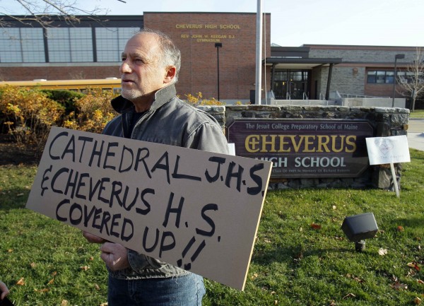 Rick Romano protests in support of victims of sexual abuse in front of Cheverus High School, Tuesday, Nov. 22, 2011, in Portland. Rick Romano protests in support of victims of sexual abuse in front of Cheverus High School, Tuesday, Nov. 22, 2011, in Portland.