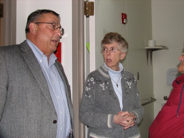 Gov. Paul LePage gets a tour of the Emmaus Homeless Shleter in Ellsworth on Thursday afternoon from Sister Lucille MacDonald, administrator of the shelter. LePage helped deliver several hundred pounds of food collected at the Blaine House in Augusta, plus 50 boxes of additional food donated by Hannaford supermarket chain, to the shelter prior to hosting a town hall-style meeting Thursday night at Ellsworth Elementary-Middle School. Gov. Paul LePage gets a tour of the Emmaus Homeless Shleter in Ellsworth on Thursday afternoon from Sister Lucille MacDonald, administrator of the shelter. LePage helped deliver several hundred pounds of food collected at the Blaine House in Augusta, plus 50 boxes of additional food donated by Hannaford supermarket chain, to the shelter prior to hosting a town hall-style meeting Thursday night at Ellsworth Elementary-Middle School.