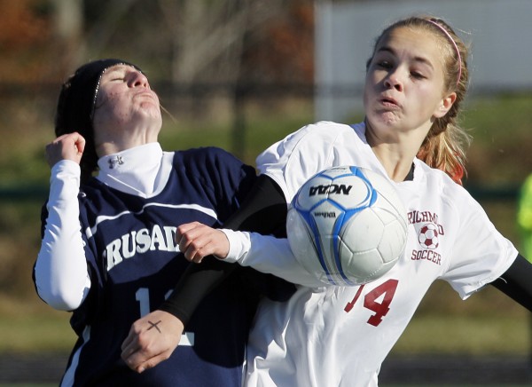 Van Buren's Courtney Parent (left) and Richmond's Amber Loon battle for the ball in the Class D soccer state championship in Falmouth on Saturday, Nov. 5, 2011. Van Buren's Courtney Parent (left) and Richmond's Amber Loon battle for the ball in the Class D soccer state championship in Falmouth on Saturday, Nov. 5, 2011.
