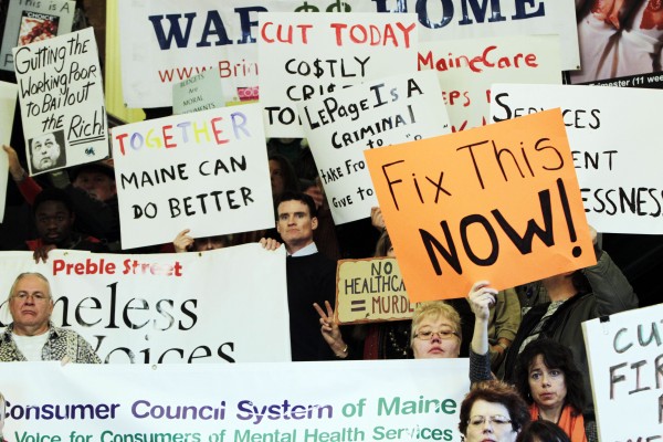 Dozens join in a rally voicing their concerns about proposed budget cuts in the Medicaid system, during a rally at the State House in Augusta on Wednesday, Dec. 14, 2011. Dozens join in a rally voicing their concerns about proposed budget cuts in the Medicaid system, during a rally at the State House in Augusta on Wednesday, Dec. 14, 2011.