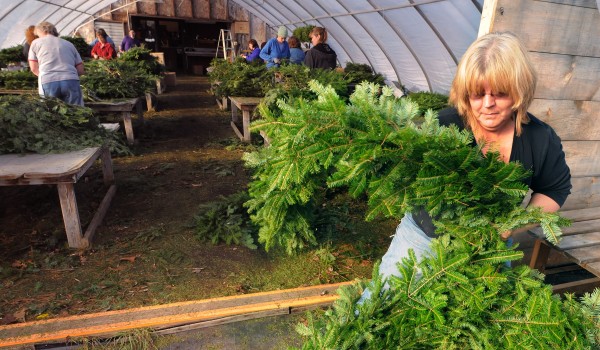 Linda Marple coils up a 32-foot-long garland she just finished while working at the Evenrgreen Valley Farm and Greenhouses in Searsmont Friday. Linda Marple coils up a 32-foot-long garland she just finished while working at the Evenrgreen Valley Farm and Greenhouses in Searsmont Friday.