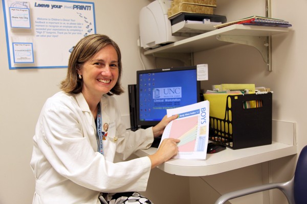 Dr. Eliana Perrin of the University of North Carolina, Chapel Hill holds a stoplight-colored growth chart that helps track when children are overweight for their height, in this undated handout photo provided by UNC Health Care. Pediatricians are supposed to track if youngsters are putting on too many pounds, but a new study found less than a quarter of parents of overweight children recall the doctor ever saying there was a problem. Dr. Eliana Perrin of the University of North Carolina, Chapel Hill holds a stoplight-colored growth chart that helps track when children are overweight for their height, in this undated handout photo provided by UNC Health Care. Pediatricians are supposed to track if youngsters are putting on too many pounds, but a new study found less than a quarter of parents of overweight children recall the doctor ever saying there was a problem.